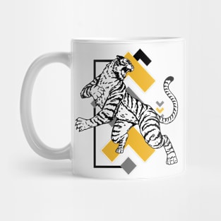 Retro 80s Black and Gold Tiger on the Attack // Vintage Geometric Shapes Background Mug